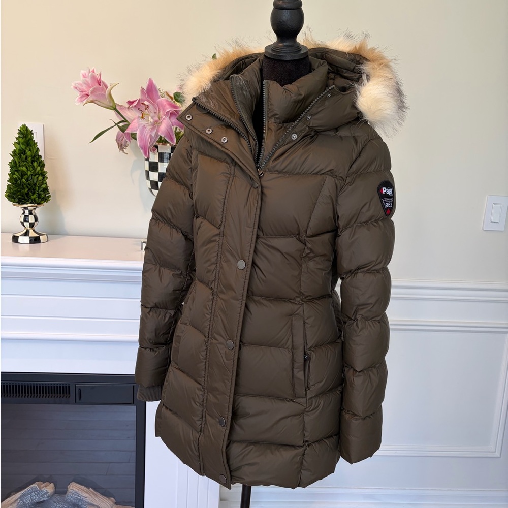 Pajar Dark Olive Green Quilted Down Puffer Coat with Fur Trim Hood